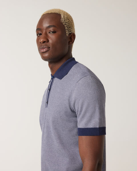 Striped Button-up Collar Polo, Navy, hi-res